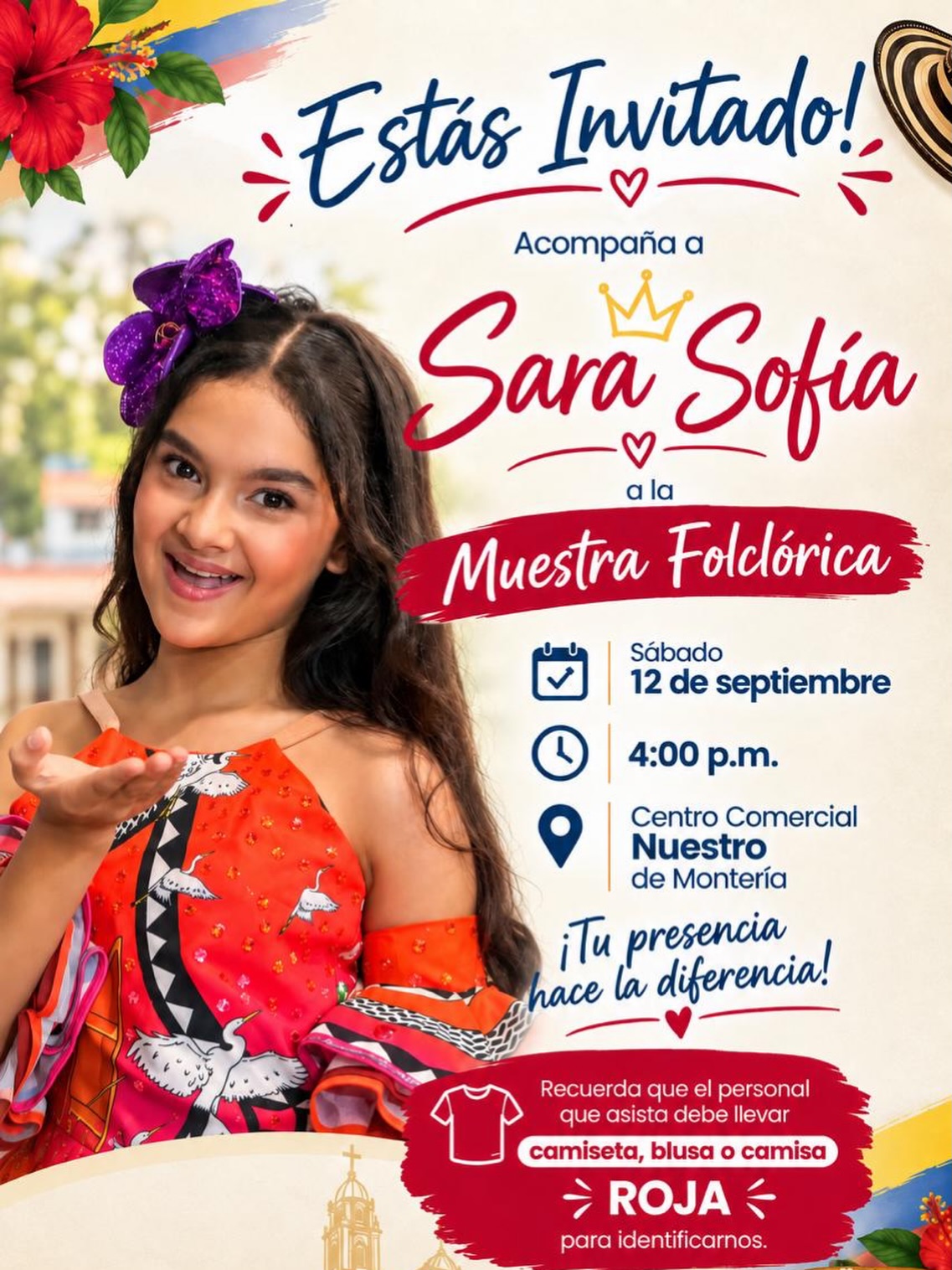Acompáñanos a apoyar a nuestra querida Sara Sofía en su Muestra Folclórica. Será una tarde llena de tradición, talento y mucha alegría. ¡Tu apoyo y presencia hacen toda la diferencia!
Detalles del evento:
 * 📅 Fecha: Sábado, 12 de septiembre
 * ⏰ Hora: 4:00 p.m.
 * 📍 Lugar: Centro Comercial Nuestro, Montería
> 🔴 Dato importante: Para identificarnos como su barra y equipo de apoyo, recuerda asistir con camiseta, blusa o camisa de color ROJO.
> 
¡Te esperamos para vivir juntos esta gran fiesta cultural! 🥁🌺🎶
#somoslilegre #muestrafolclorica #monteria #liceoleondegreiff #folclorcolombiano